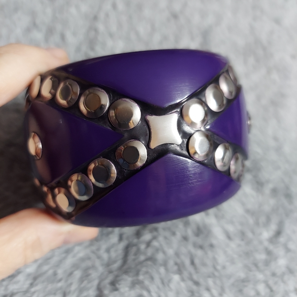 Antika Boho Style Silver Studded/Acrylic (Pretty Purple) Wide Bangle Brace…